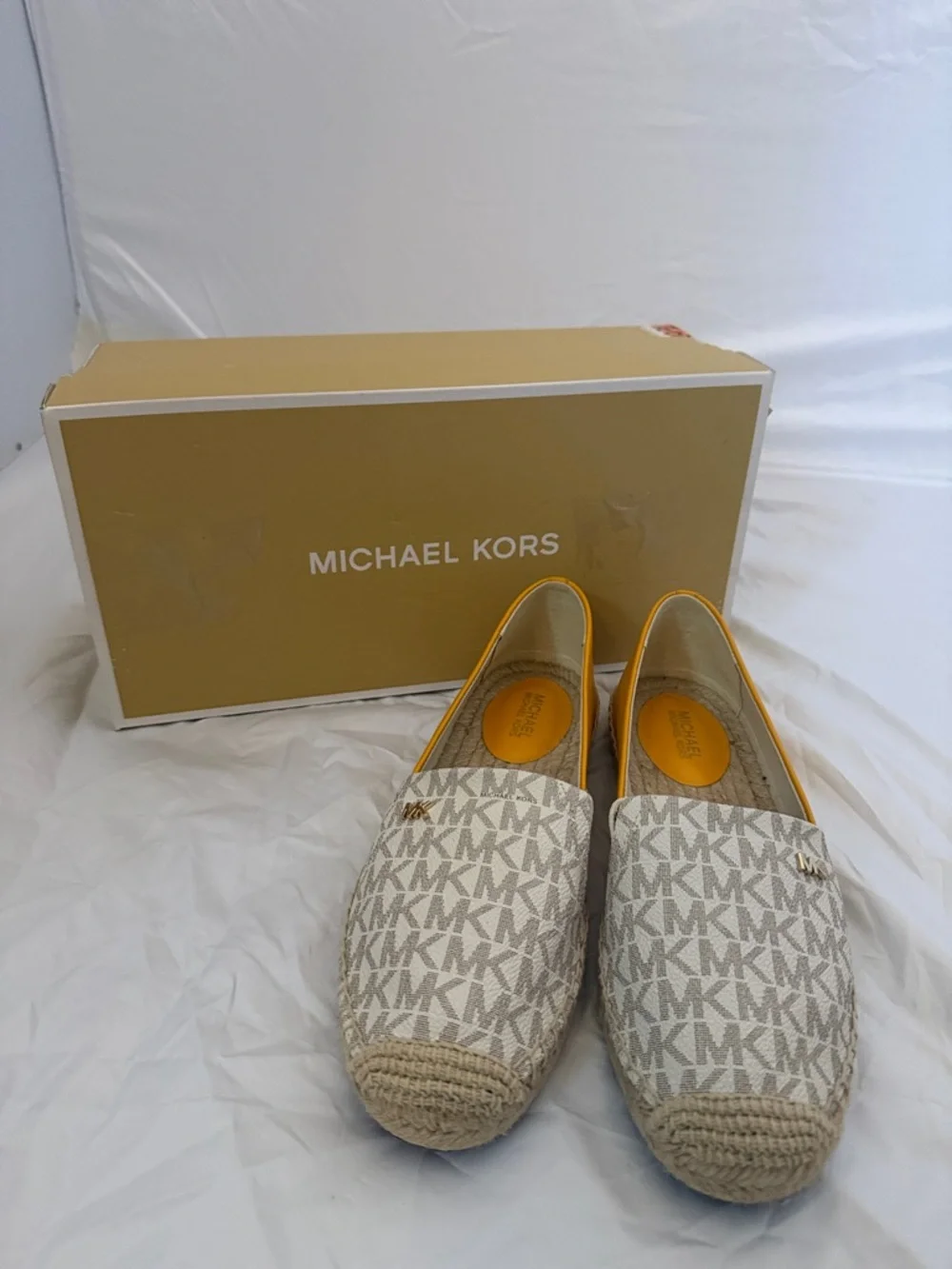 Michael Kors MK Logo Espadrille Flats in White and Tan with Yellow Trim